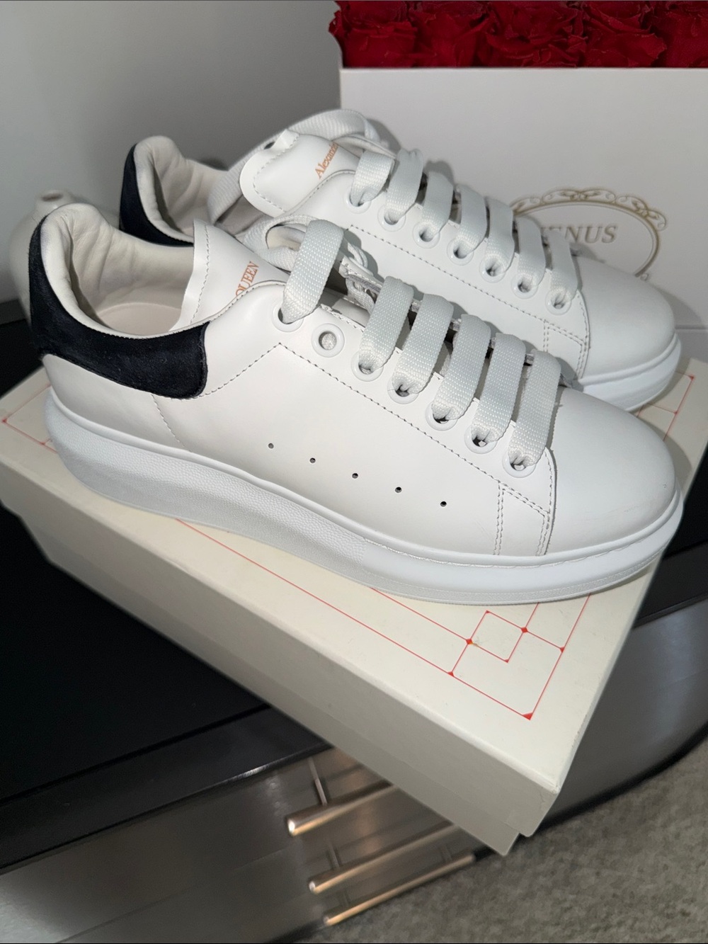 Alexander McQueen White Leather Sneakers with Black Heel Tab
